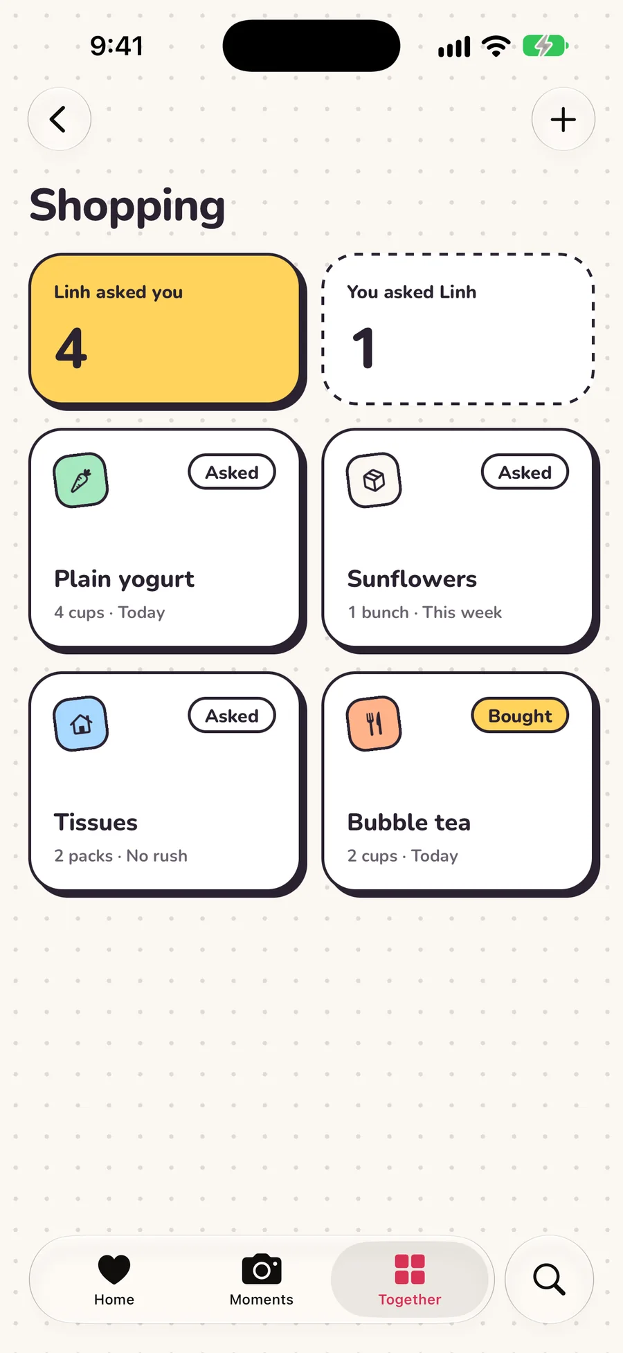 The Shopping screen with open asks